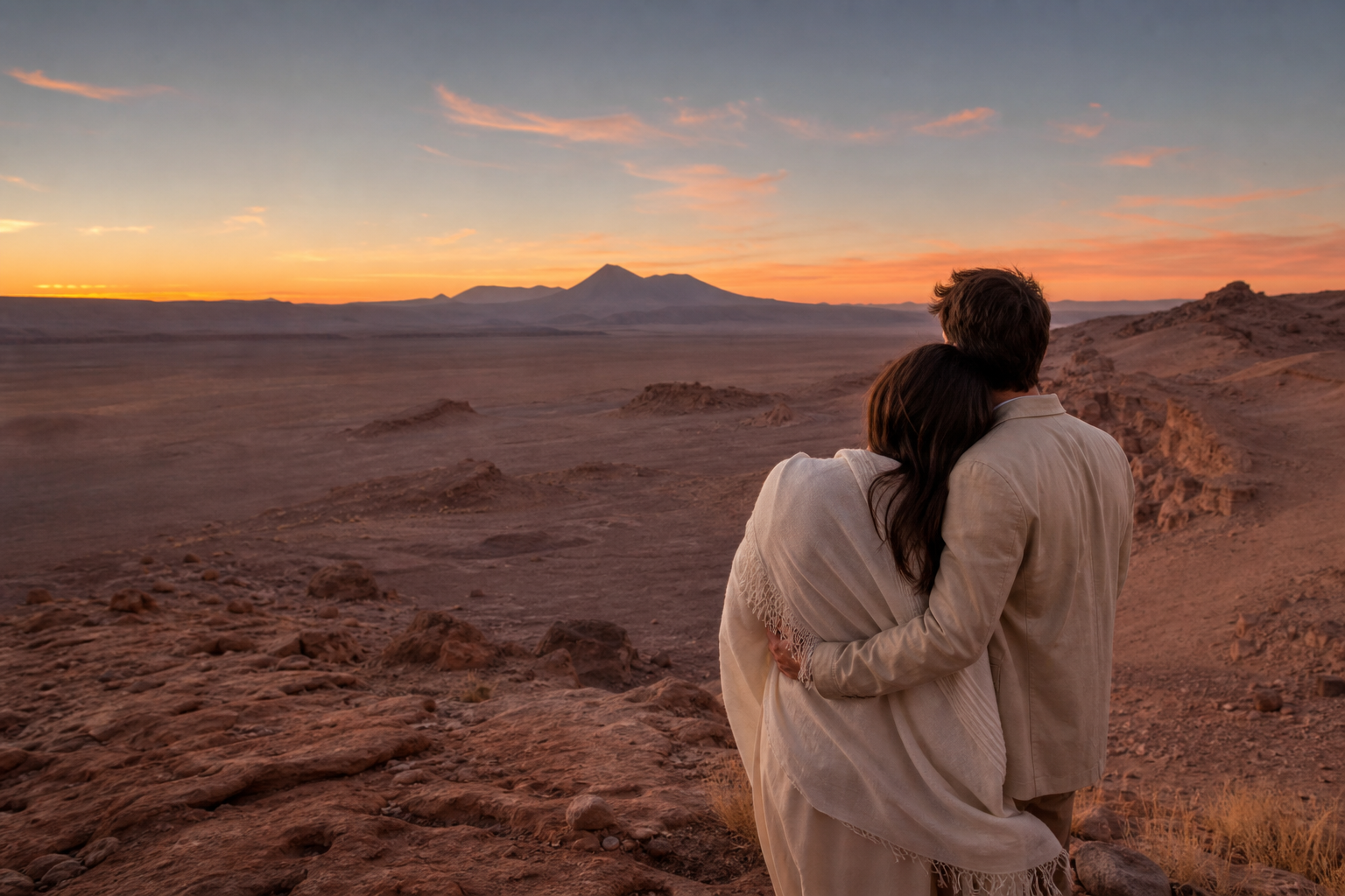 Casal contemplando o pôr do sol no Atacama