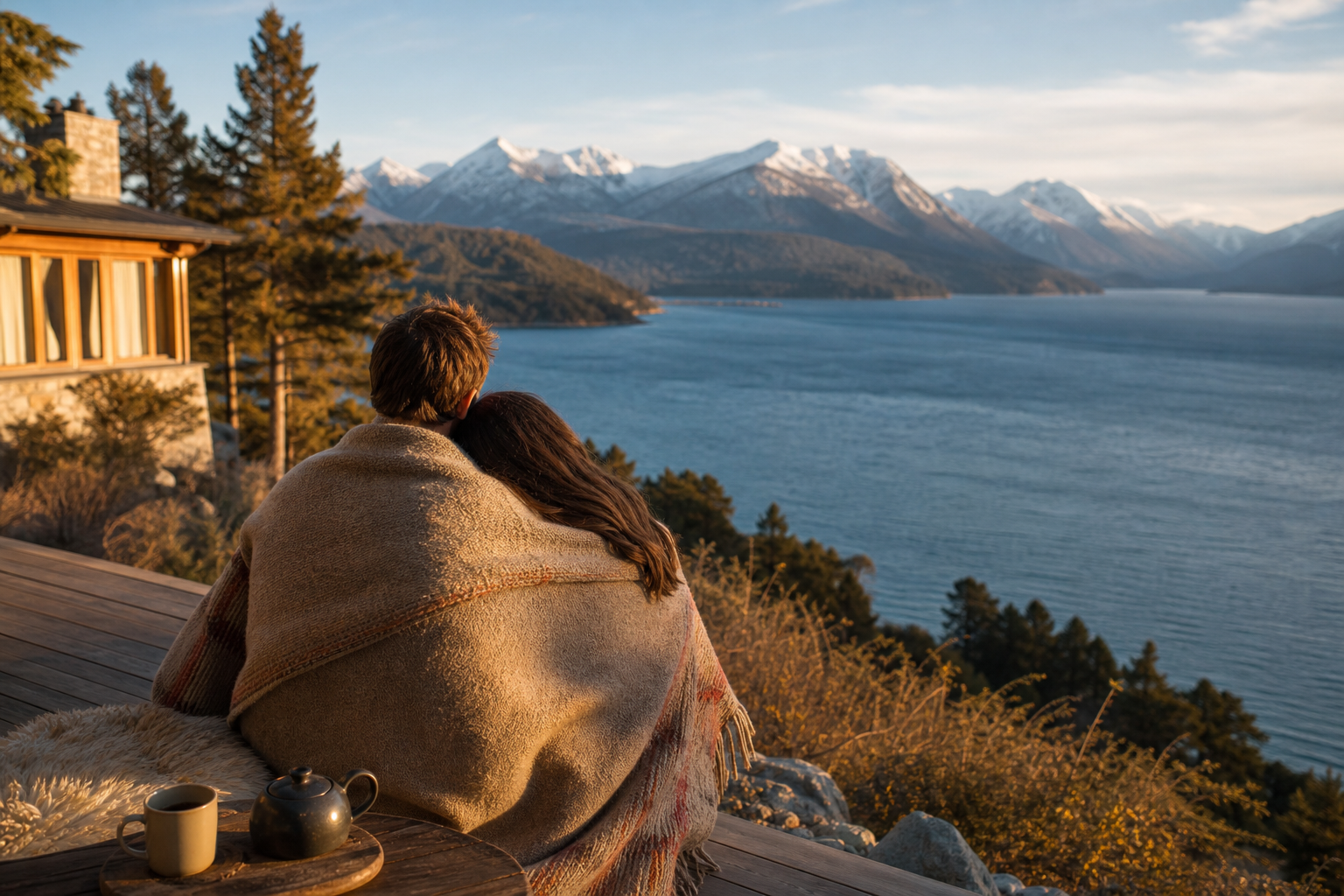 Casal diante do Lago Nahuel Huapi