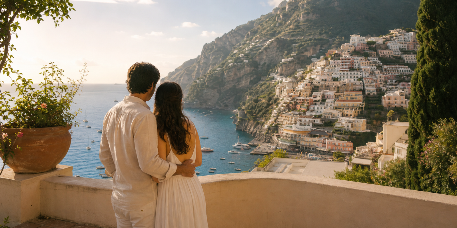 Casal em lua de mel contemplando Positano