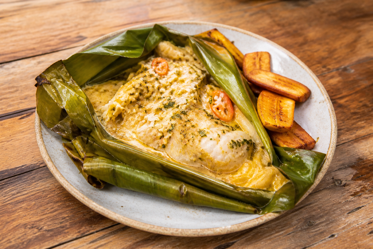 Peixe preparado e servido na folha de bananeira
