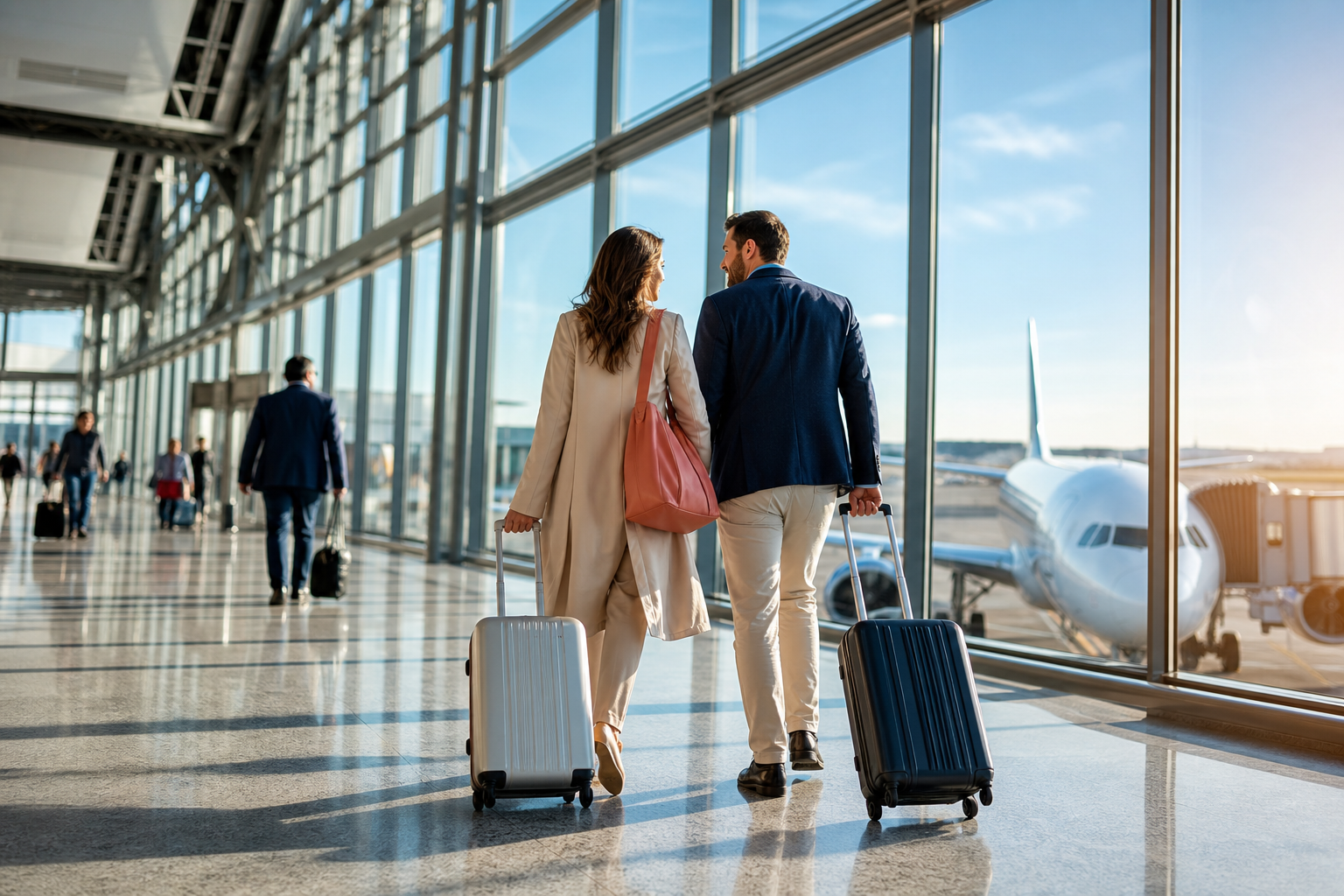 Casal com malas caminhando por um aeroporto, com um avião visível pela janela