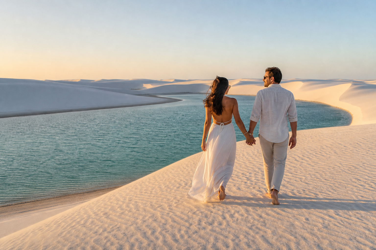 Casal em lua de mel caminhando entre dunas e lagoas dos Lençóis Maranhenses