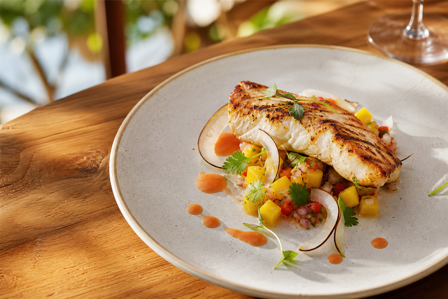 Peixe grelhado com acompanhamento tropical