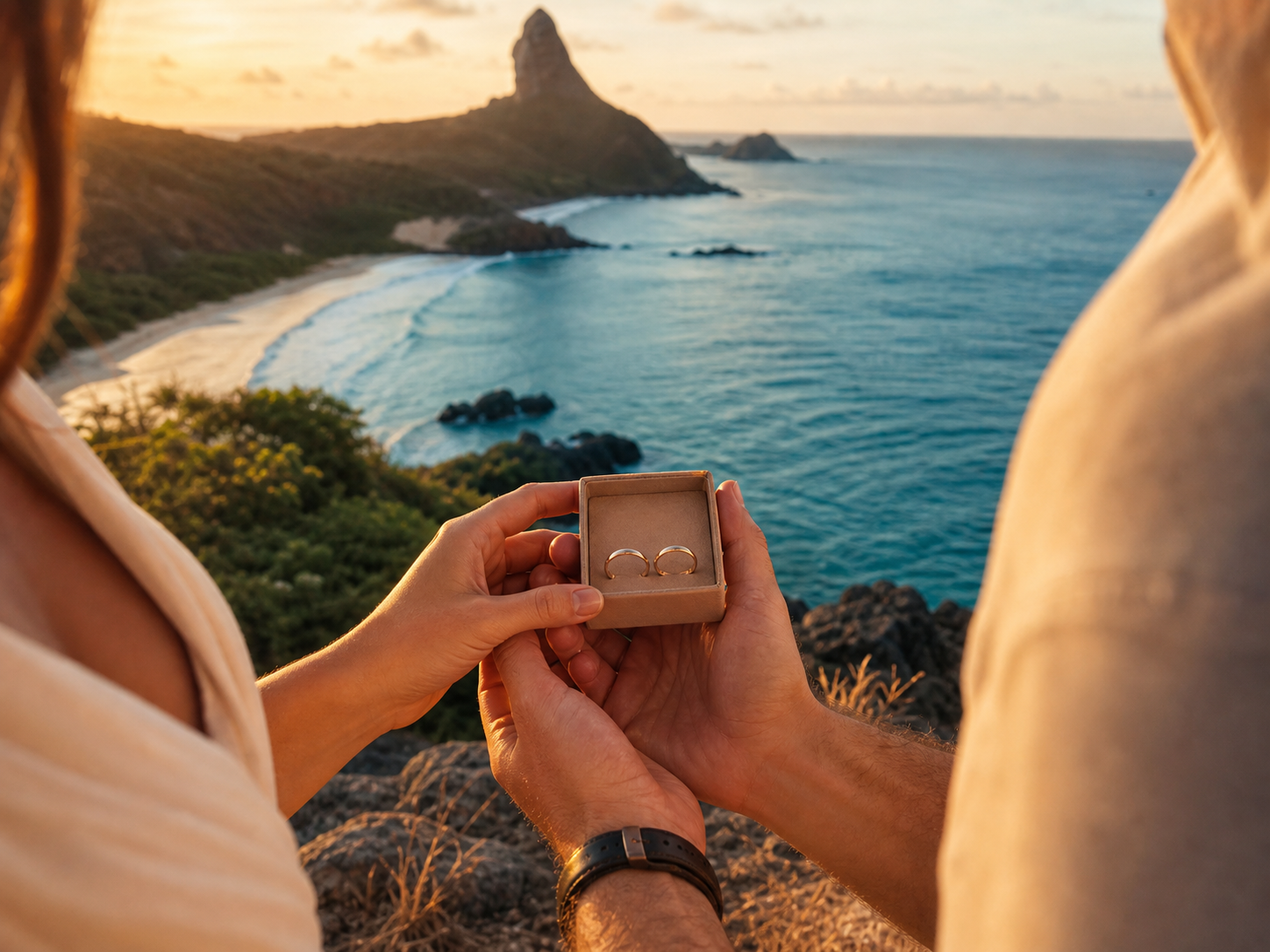 Casal segurando alianças diante da paisagem costeira de Fernando de Noronha