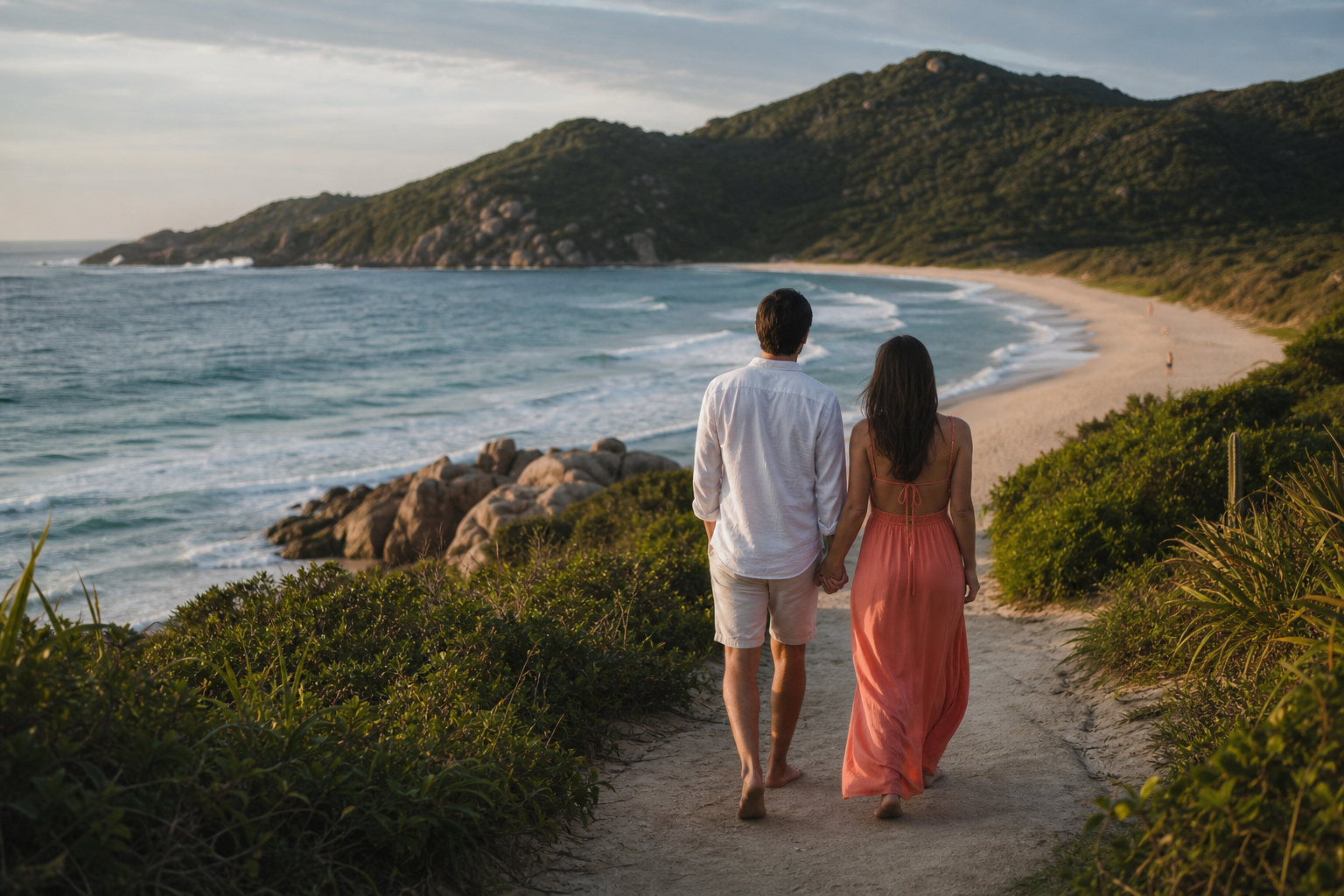 Casal em lua de mel diante da Praia do Rosa