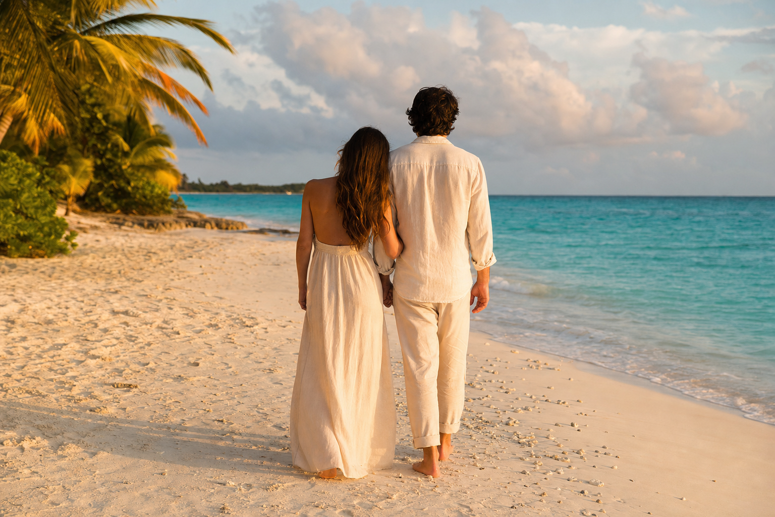 Casal em lua de mel caminhando de costas junto ao mar na Riviera Maya